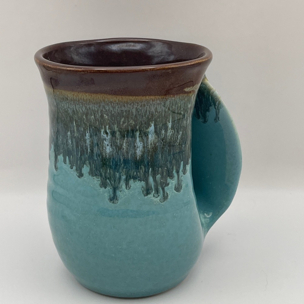 Weber 2019 Signed Studio Pottery Hand Warmer Mug Turquoise Brown Drip Glaze